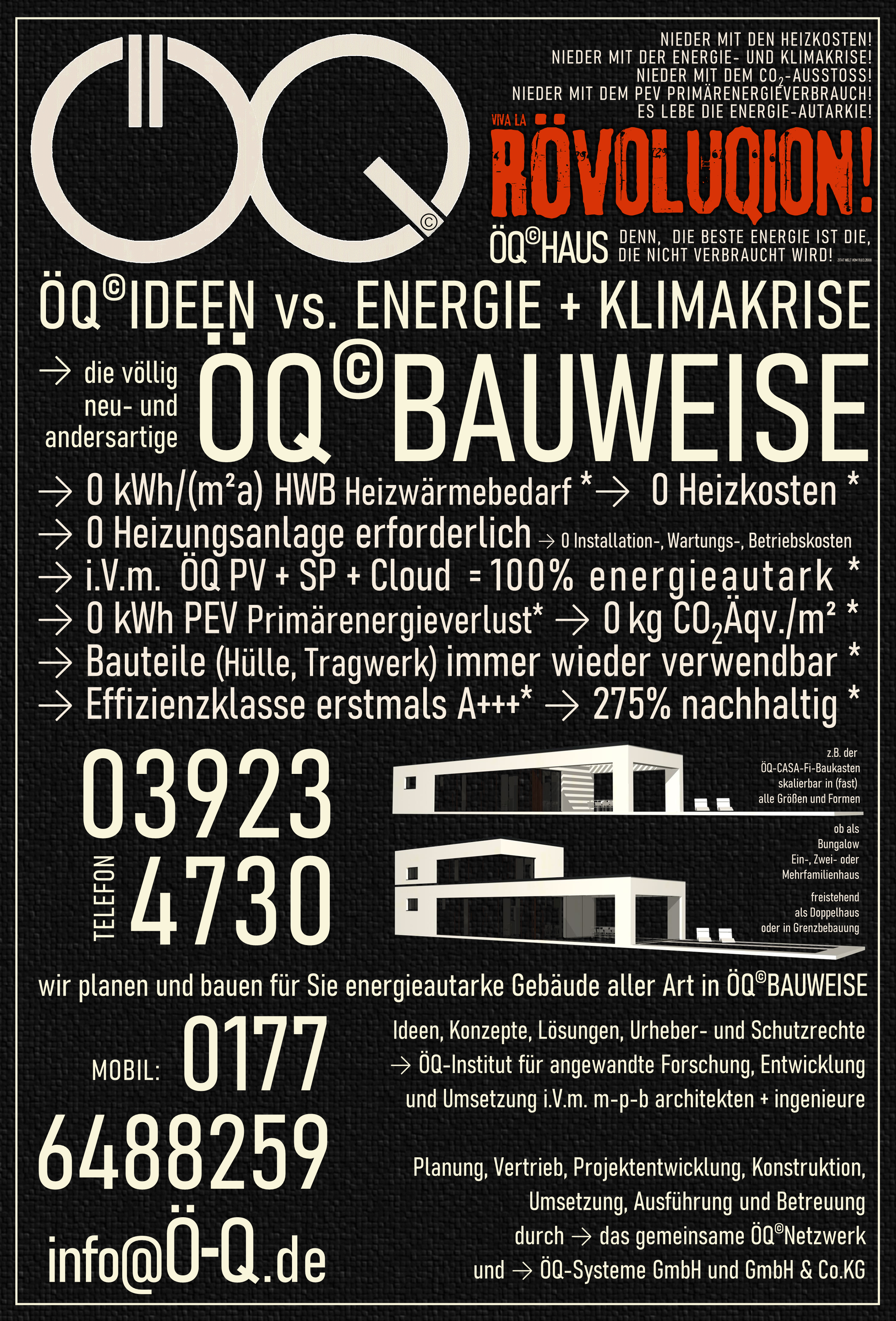 Baustellenplakat ÖQ Bauweise 0 Heizkosten 100% energieautark  275% nachhaltig